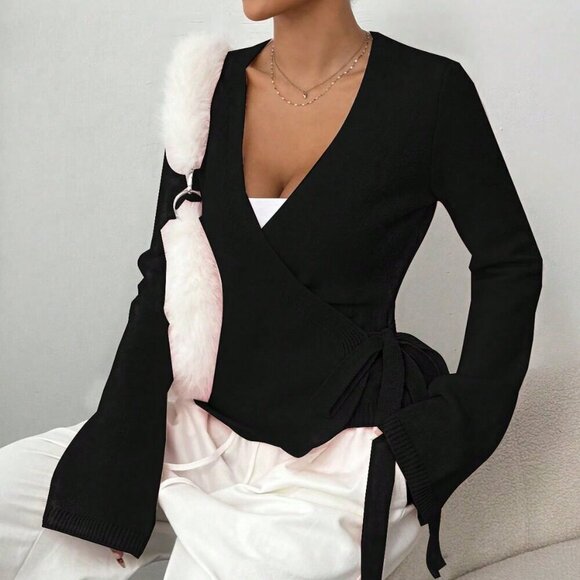 Black Casual Women's Lace-Up Loose Versatile knit Cardigan - Picture 4 of 8